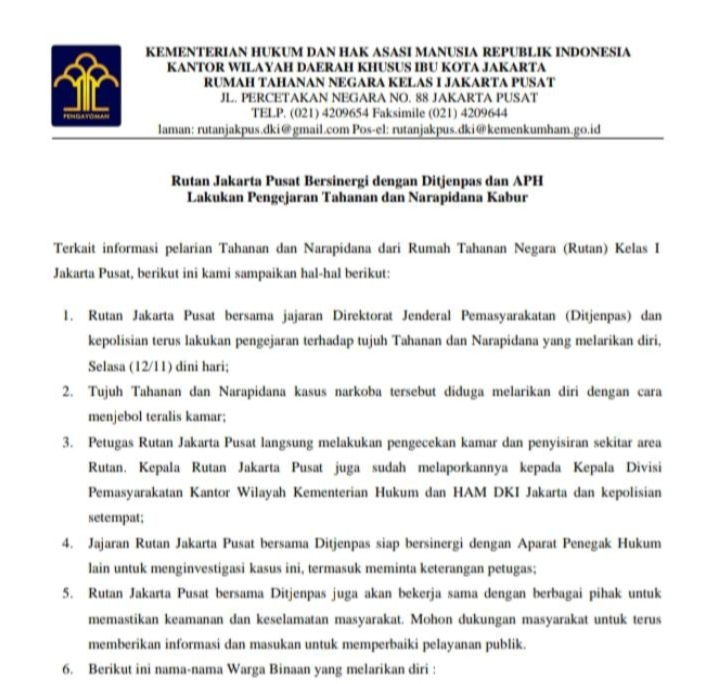 Kejar 7 Tahanan dan Narapidana Kabur, Rutan Jakarta Pusat Lakukan Sinergi Dengan Ditjenpas dan APH